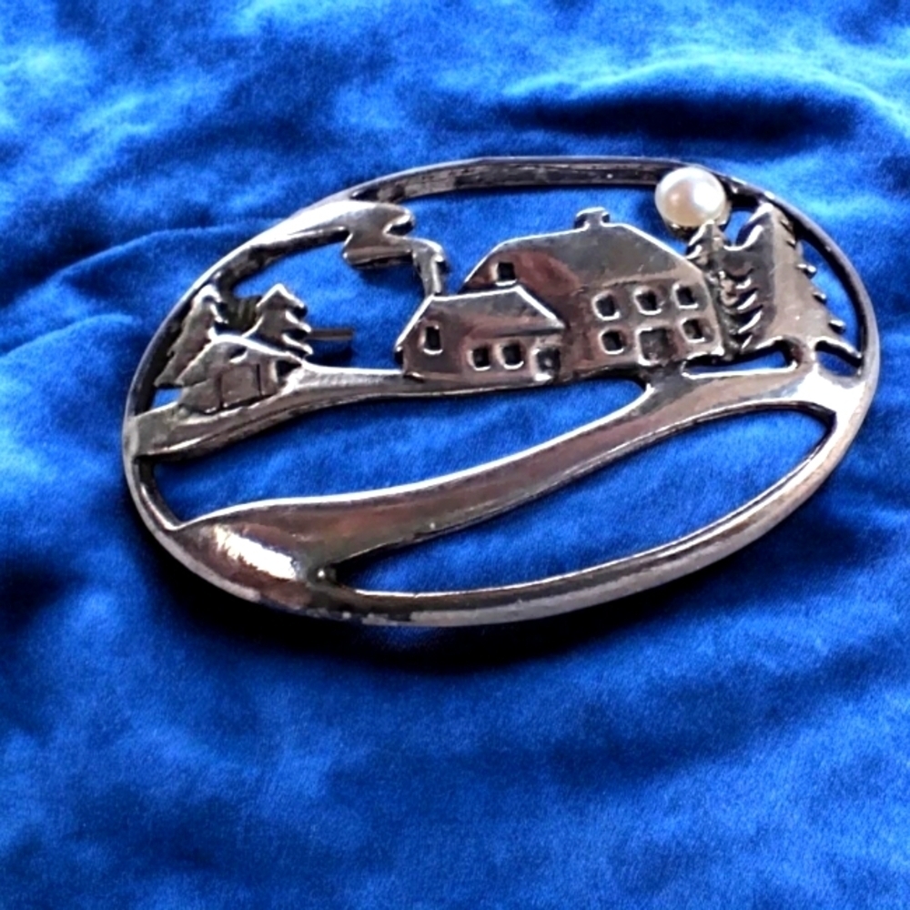 Sterling Silver Town Scene With Pearl Moon Brooch. Apx 2"​​​​